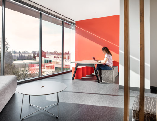 Knoll works 2021 Connected campus csus rockwell unscripted sawhorse table upholstered seats cube cylinder occasional table k. lounge focus shared spaces